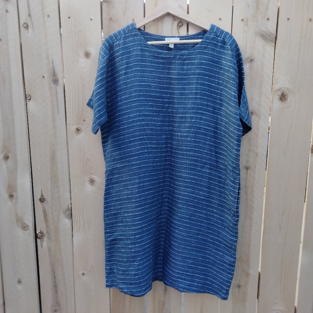 Eileen Fisher Organic Linen Short Sleeve Navy White Stripe Shift Dress Sz Small